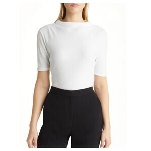 Halogen Women's Plissé Smocked Funnel Neck Top Short Sleeve in White Size Small